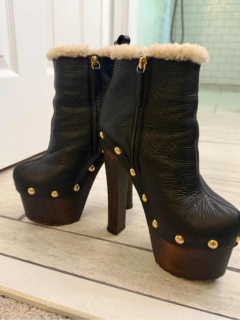 Giuseppe Zanotti Leather Shearling Platform Ankle Boots | IT 38 / US 8